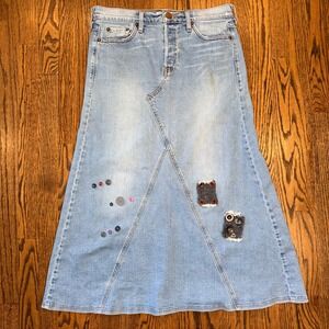 Levi's‎ Vintage Denim Maxi Skirt Embellished Light Wash Blue Pink Stitching 32